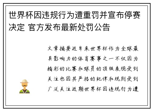 世界杯因违规行为遭重罚并宣布停赛决定 官方发布最新处罚公告